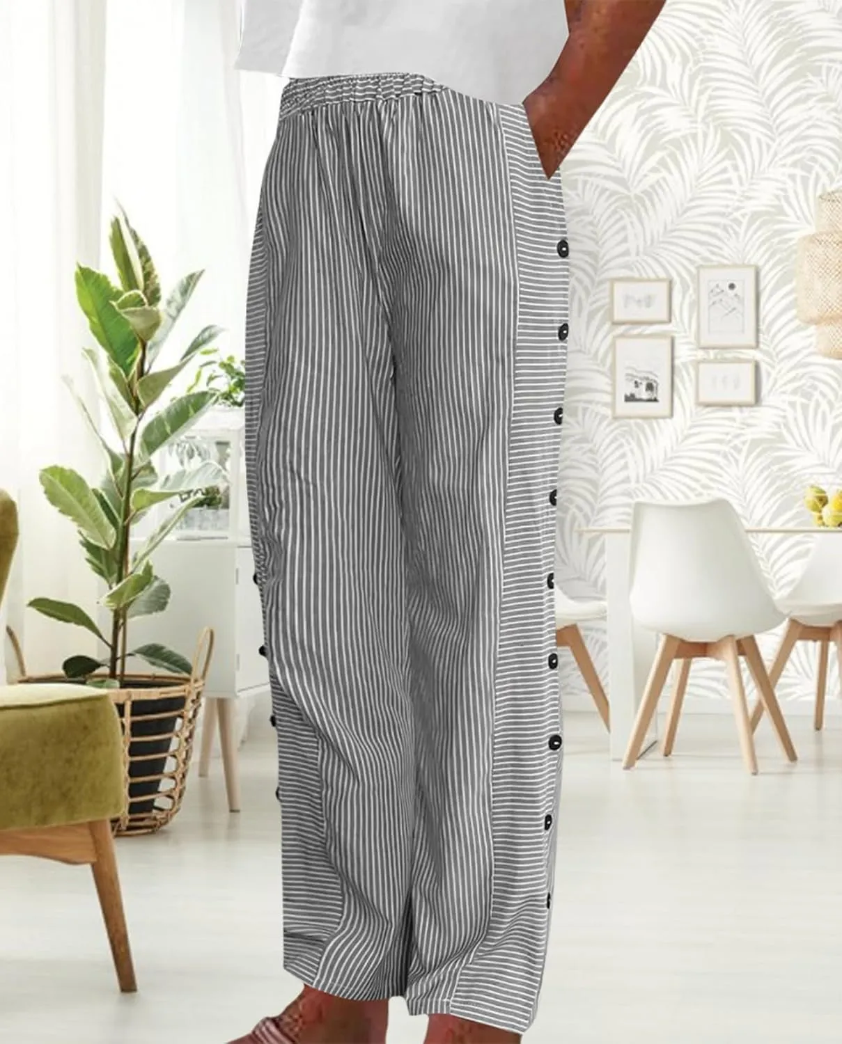 Women's Straight Leg Linen Capris Summer Casual Pants Elastic High Waist with Striped Design Side Pocket Details