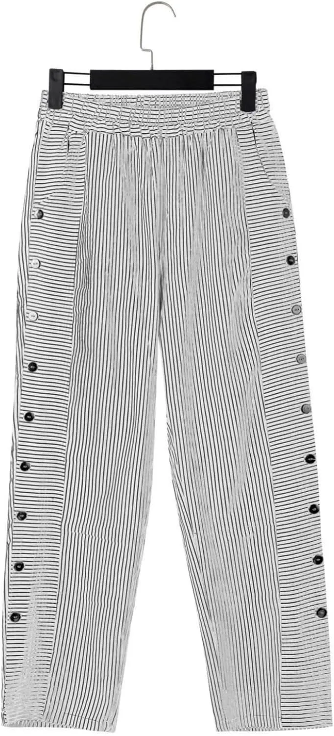 Women's Straight Leg Linen Capris Summer Casual Pants Elastic High Waist with Striped Design Side Pocket Details