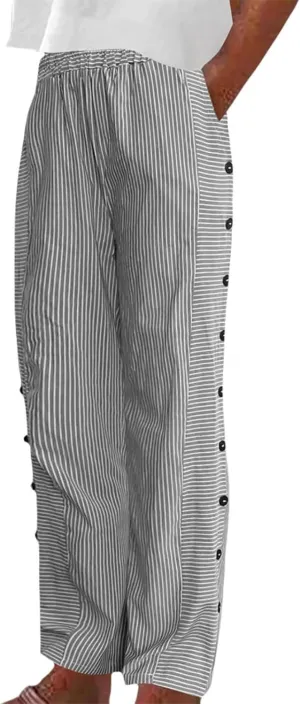 Women's Straight Leg Linen Capris Summer Casual Pants Elastic High Waist with Striped Design Side Pocket Details