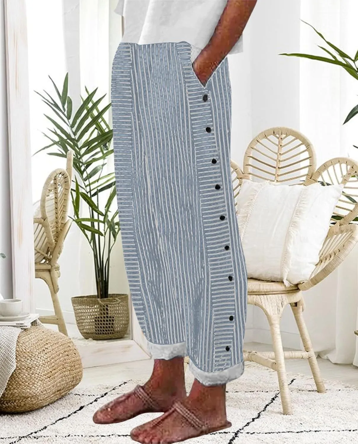 Women's Straight Leg Linen Capris Summer Casual Pants Elastic High Waist with Striped Design Side Pocket Details