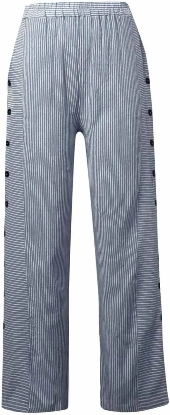Women's Straight Leg Linen Capris Summer Casual Pants Elastic High Waist with Striped Design Side Pocket Details