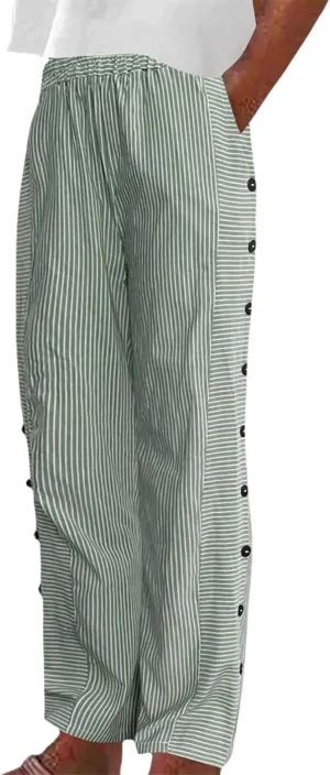 Women's Straight Leg Linen Capris Summer Casual Pants Elastic High Waist with Striped Design Side Pocket Details