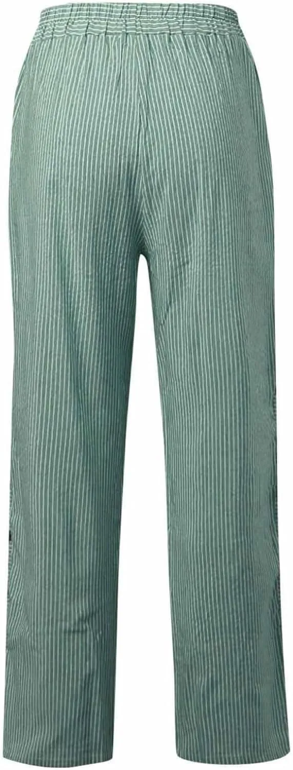 Women's Straight Leg Linen Capris Summer Casual Pants Elastic High Waist with Striped Design Side Pocket Details