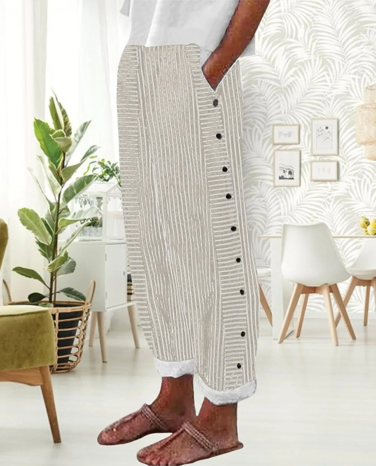 Women's Straight Leg Linen Capris Summer Casual Pants Elastic High Waist with Striped Design Side Pocket Details