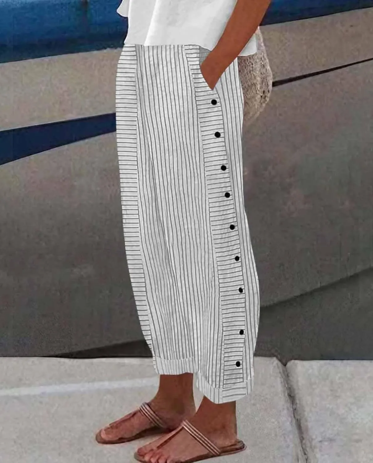 Women's Straight Leg Linen Capris Summer Casual Pants Elastic High Waist with Striped Design Side Pocket Details