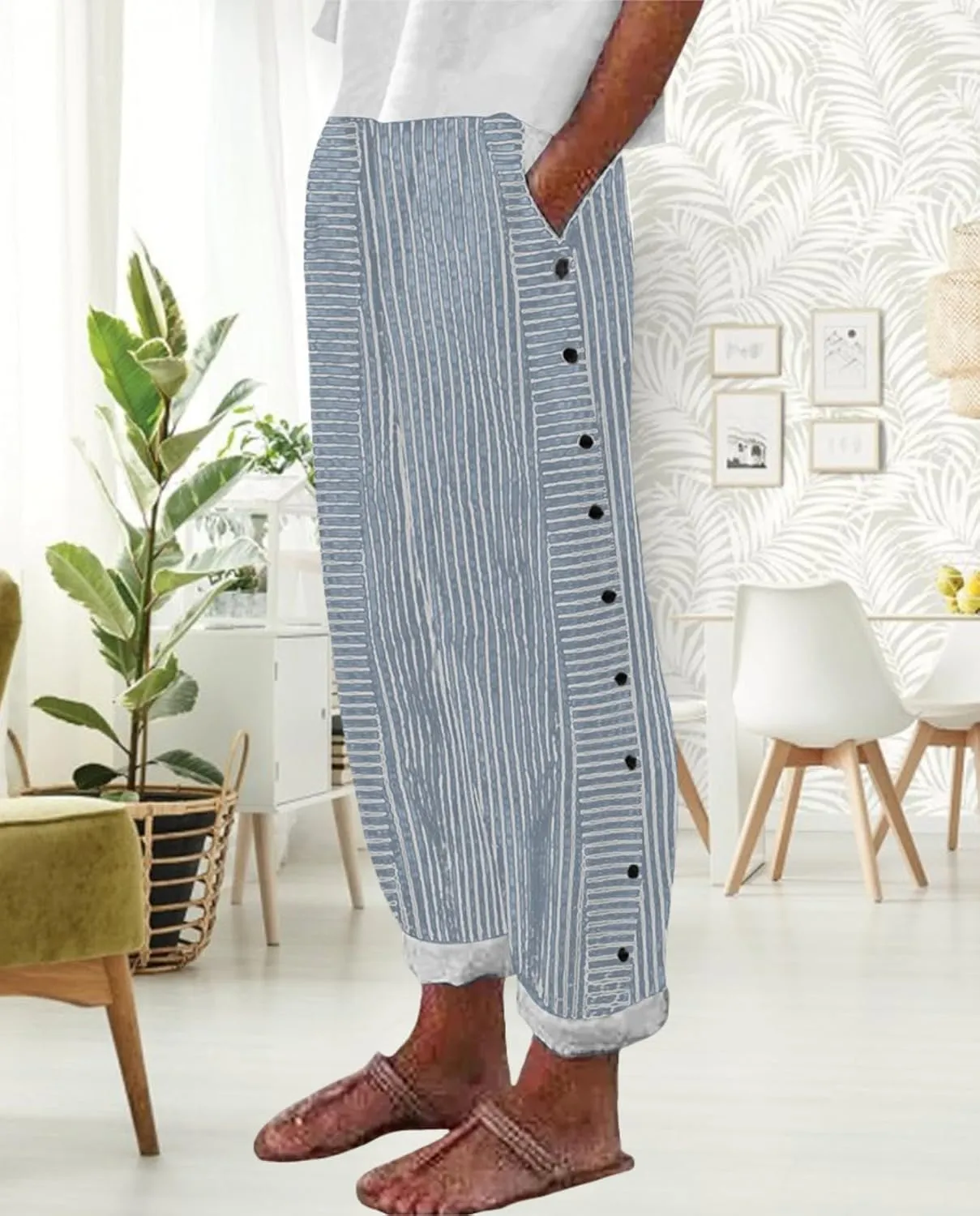Women's Straight Leg Linen Capris Summer Casual Pants Elastic High Waist with Striped Design Side Pocket Details