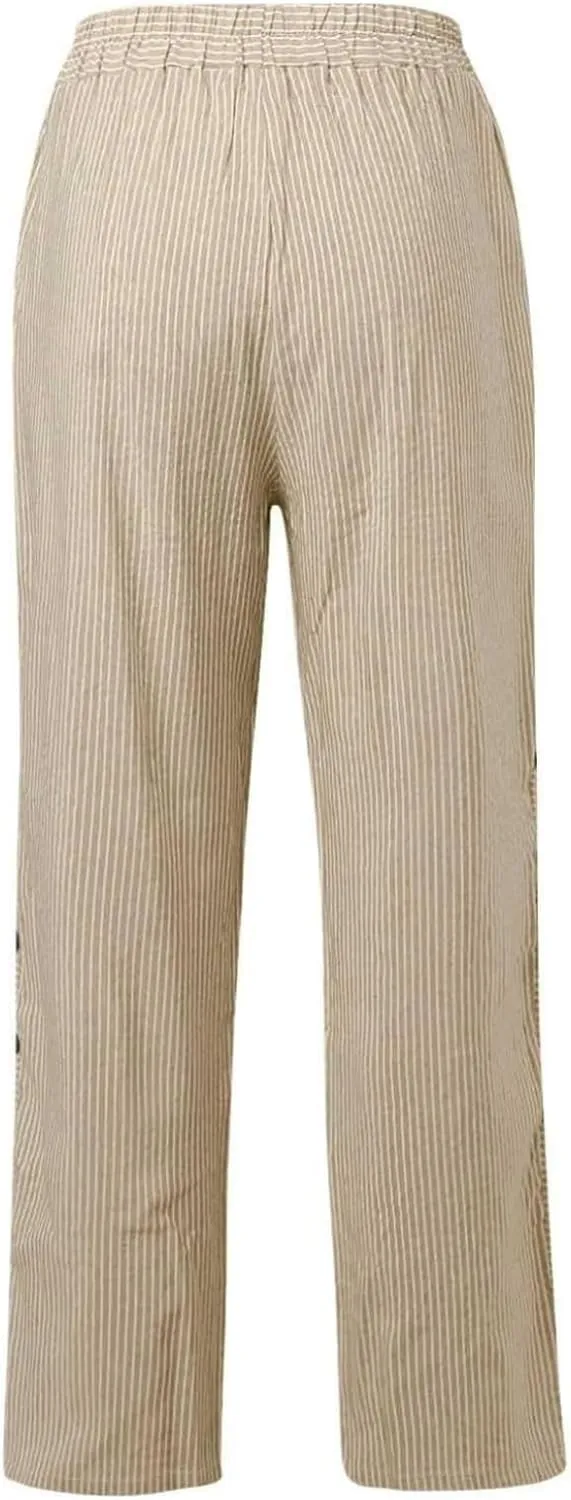 Women's Straight Leg Linen Capris Summer Casual Pants Elastic High Waist with Striped Design Side Pocket Details