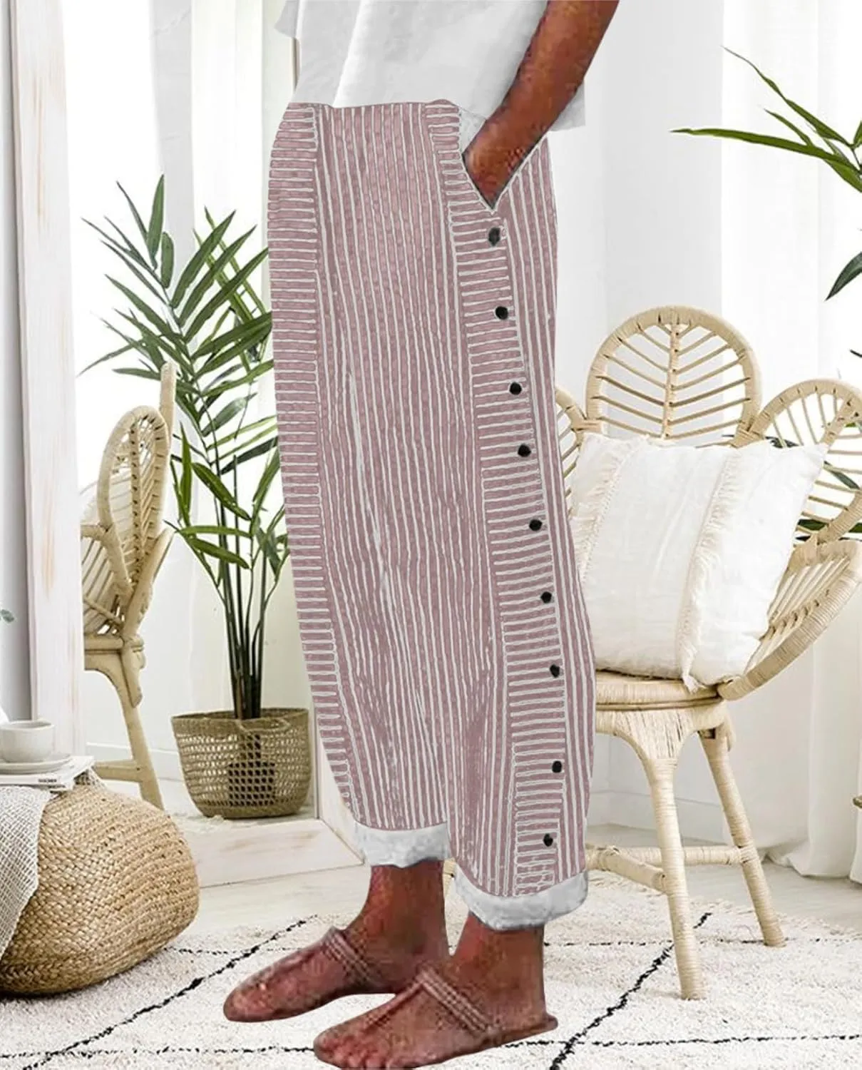Women's Straight Leg Linen Capris Summer Casual Pants Elastic High Waist with Striped Design Side Pocket Details