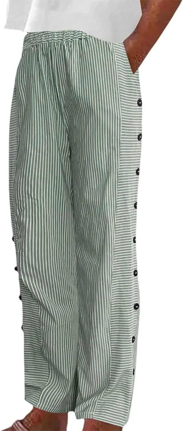 Women's Straight Leg Linen Capris Summer Casual Pants Elastic High Waist with Striped Design Side Pocket Details