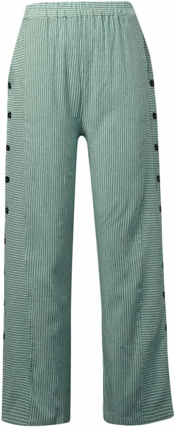 Women's Straight Leg Linen Capris Summer Casual Pants Elastic High Waist with Striped Design Side Pocket Details