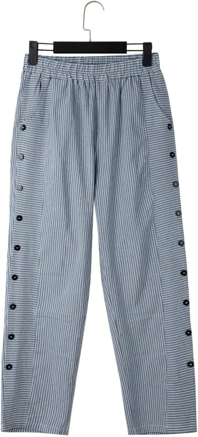 Women's Straight Leg Linen Capris Summer Casual Pants Elastic High Waist with Striped Design Side Pocket Details