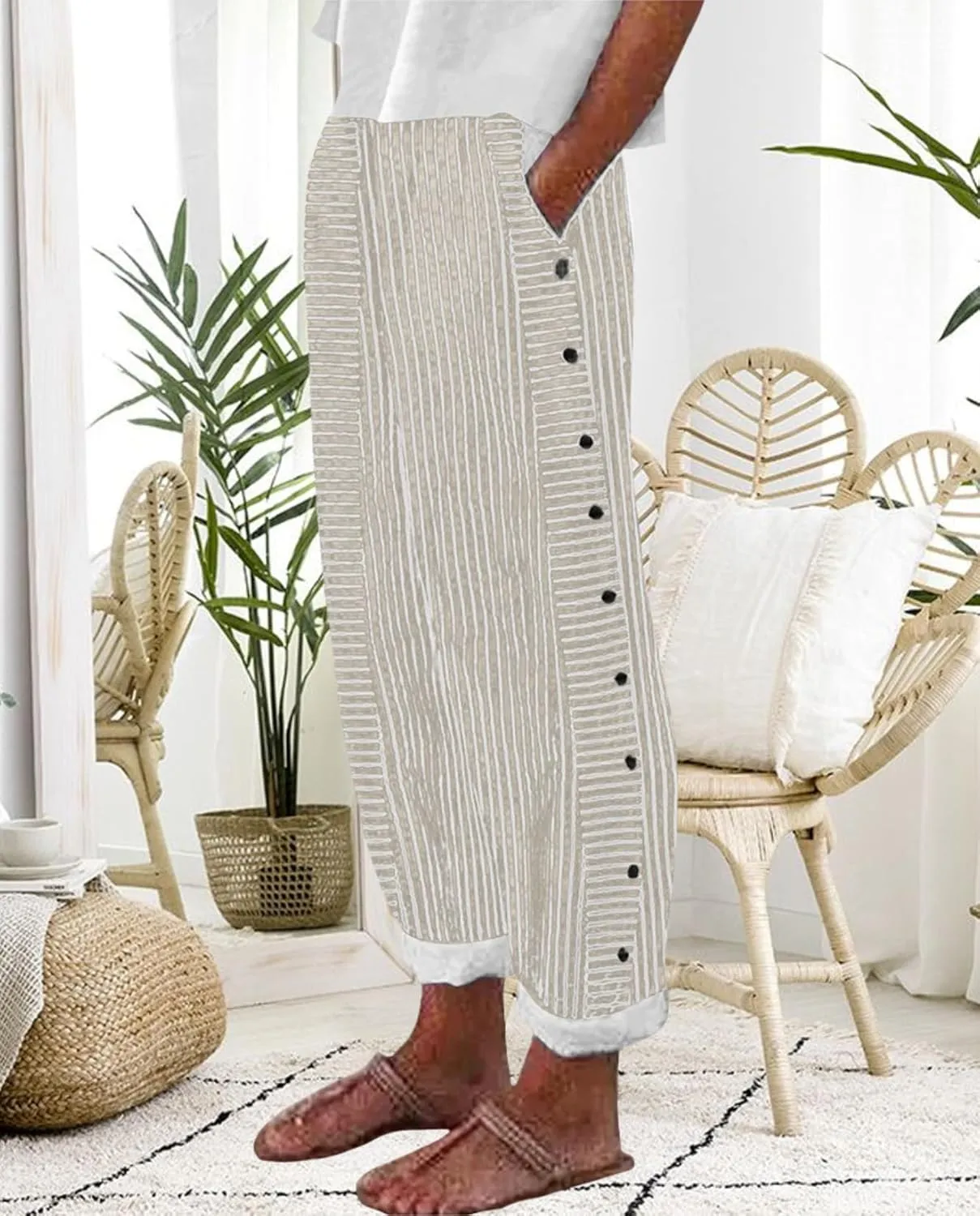 Women's Straight Leg Linen Capris Summer Casual Pants Elastic High Waist with Striped Design Side Pocket Details