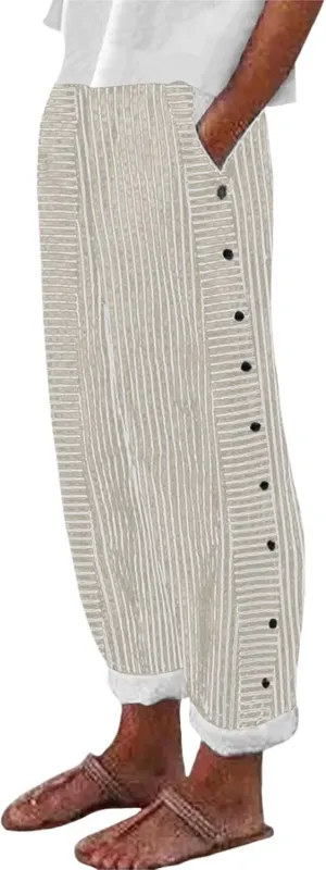 Women's Straight Leg Linen Capris Summer Casual Pants Elastic High Waist with Striped Design Side Pocket Details
