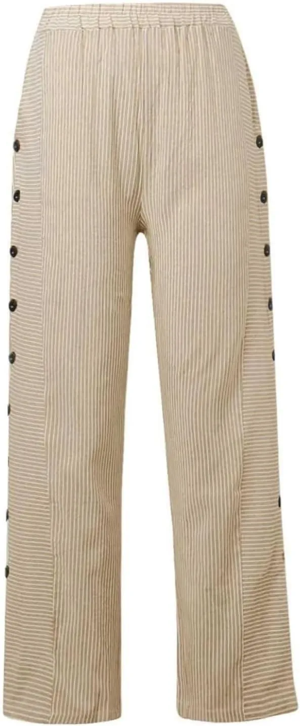 Women's Straight Leg Linen Capris Summer Casual Pants Elastic High Waist with Striped Design Side Pocket Details