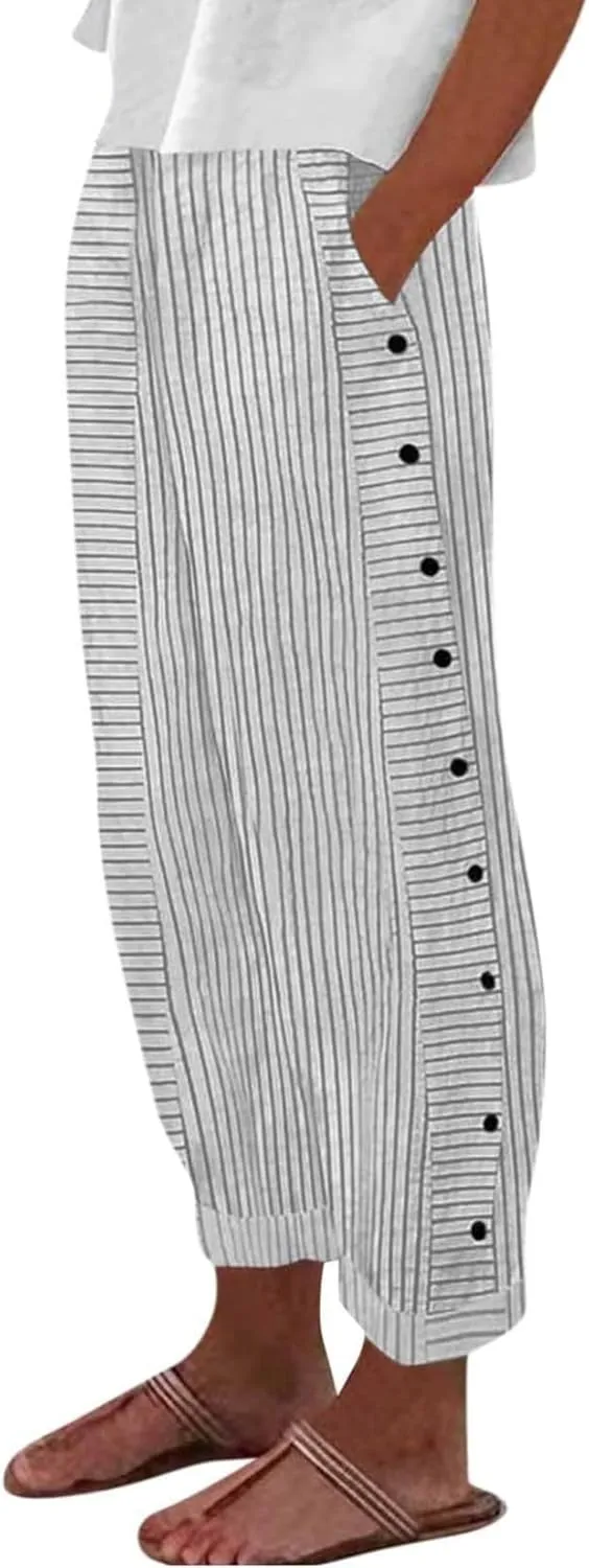 Women's Straight Leg Linen Capris Summer Casual Pants Elastic High Waist with Striped Design Side Pocket Details