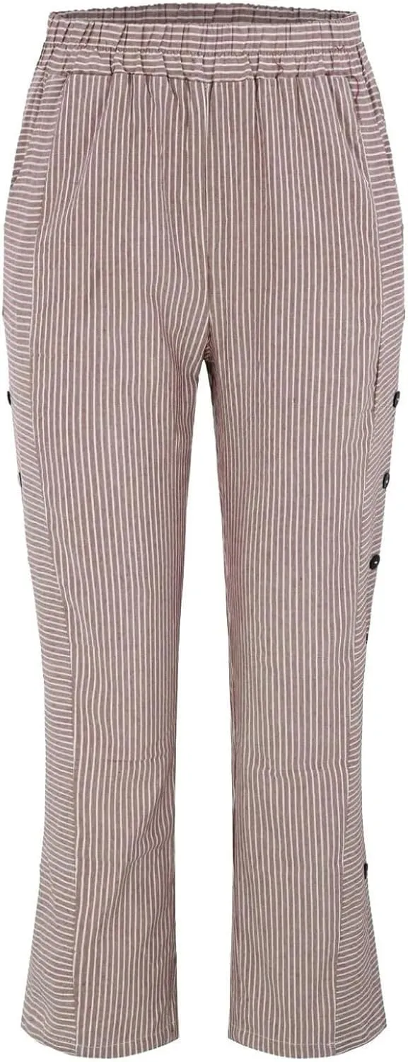 Women's Straight Leg Linen Capris Summer Casual Pants Elastic High Waist with Striped Design Side Pocket Details