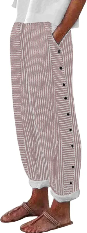Women's Straight Leg Linen Capris Summer Casual Pants Elastic High Waist with Striped Design Side Pocket Details
