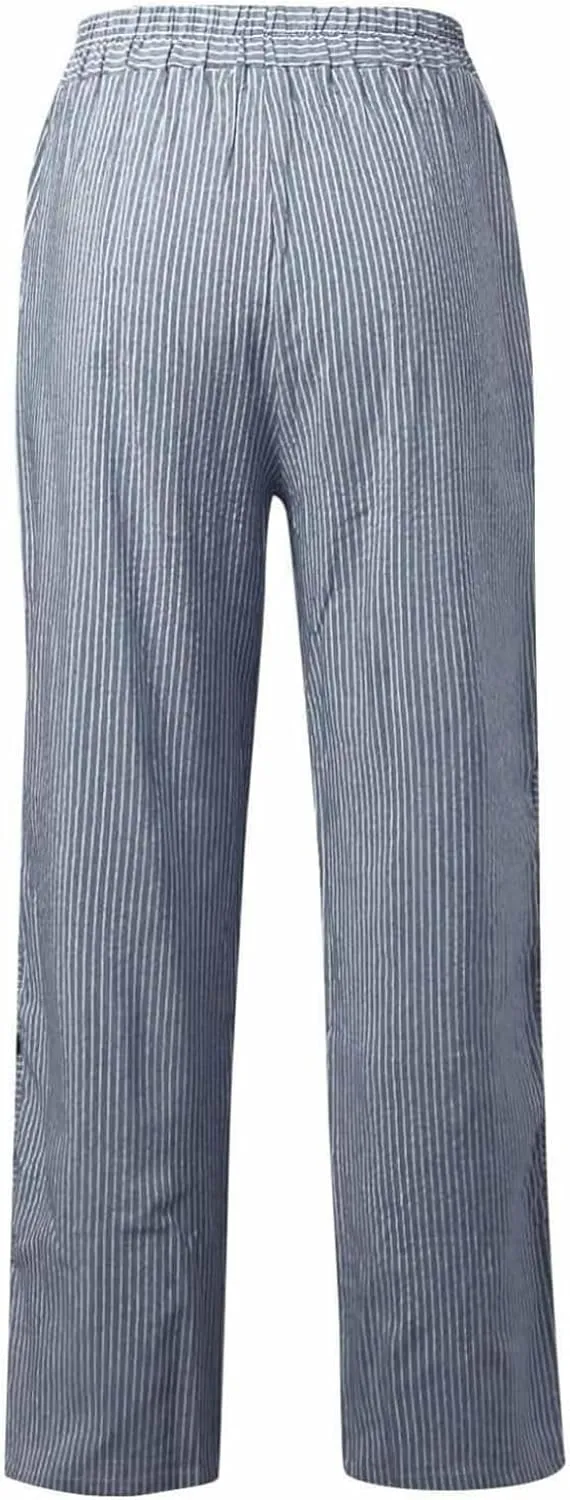 Women's Straight Leg Linen Capris Summer Casual Pants Elastic High Waist with Striped Design Side Pocket Details