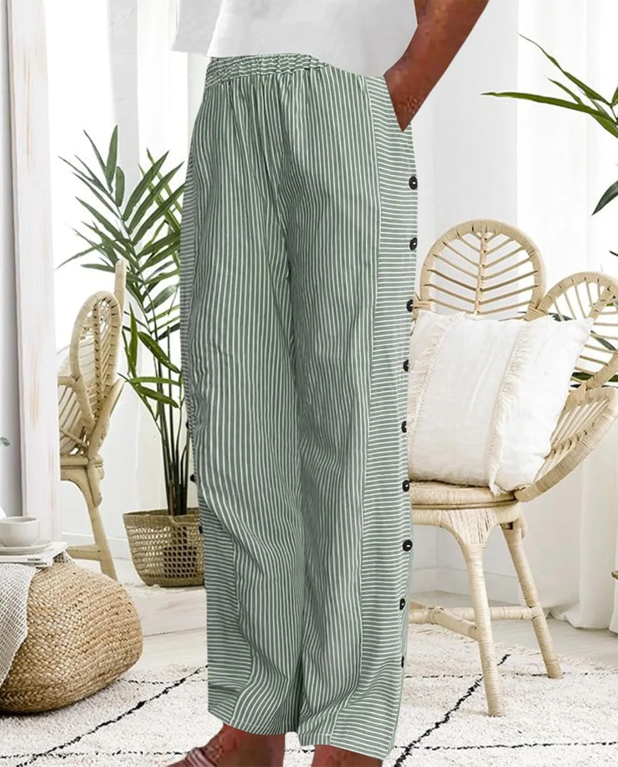 Women's Straight Leg Linen Capris Summer Casual Pants Elastic High Waist with Striped Design Side Pocket Details