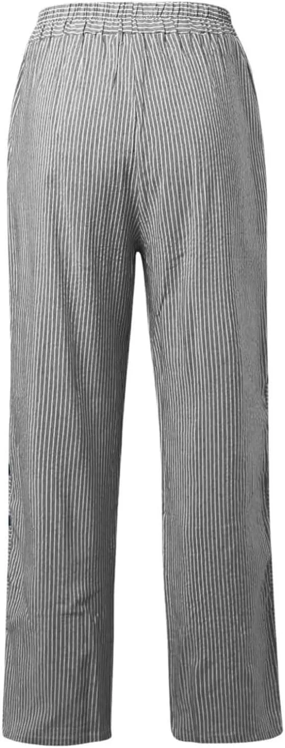 Women's Straight Leg Linen Capris Summer Casual Pants Elastic High Waist with Striped Design Side Pocket Details