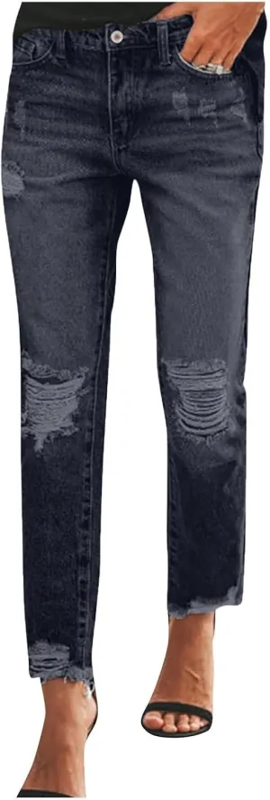 Women's Straight Leg Skinny Ripped Trendy Jeans Distressed High Waisted Stretchy Cropped Denim Baggy Pants Y2K 90s