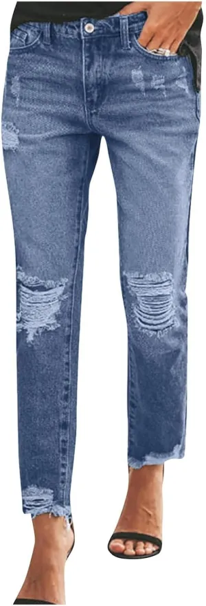 Women's Straight Leg Skinny Ripped Trendy Jeans Distressed High Waisted Stretchy Cropped Denim Baggy Pants Y2K 90s