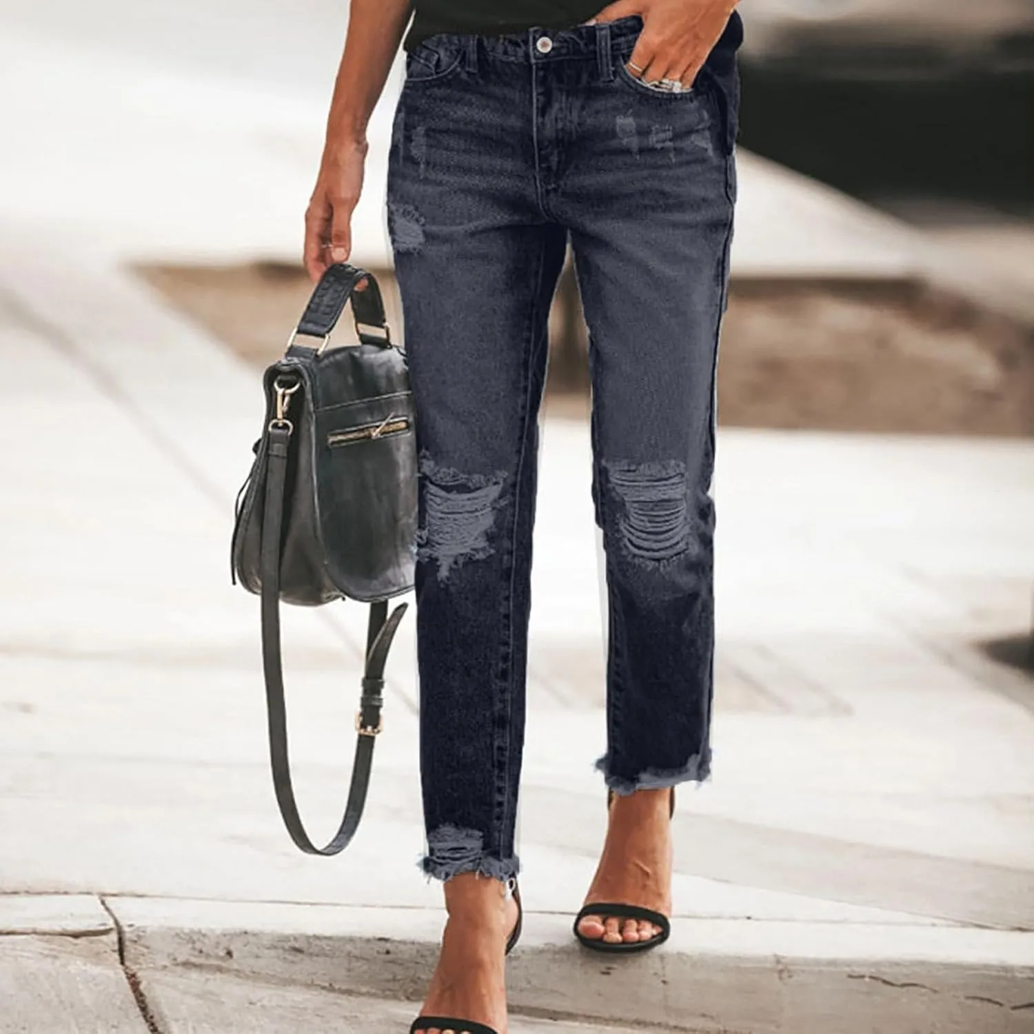 Women's Straight Leg Skinny Ripped Trendy Jeans Distressed High Waisted Stretchy Cropped Denim Baggy Pants Y2K 90s