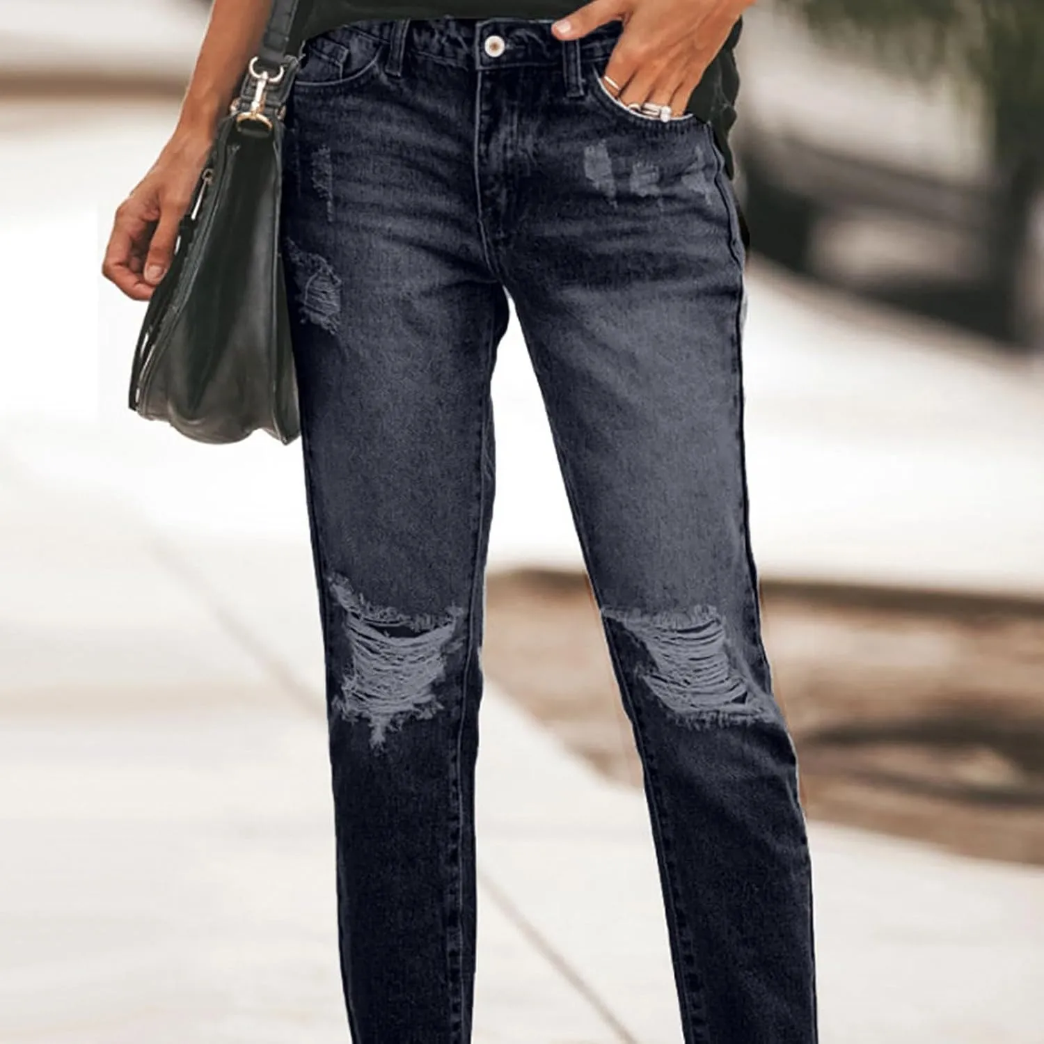 Women's Straight Leg Skinny Ripped Trendy Jeans Distressed High Waisted Stretchy Cropped Denim Baggy Pants Y2K 90s