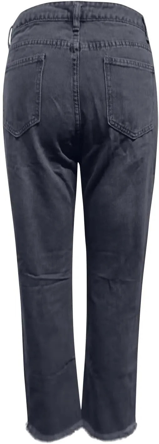 Women's Straight Leg Skinny Ripped Trendy Jeans Distressed High Waisted Stretchy Cropped Denim Baggy Pants Y2K 90s