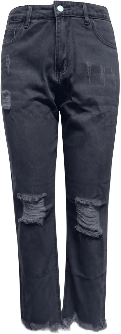 Women's Straight Leg Skinny Ripped Trendy Jeans Distressed High Waisted Stretchy Cropped Denim Baggy Pants Y2K 90s