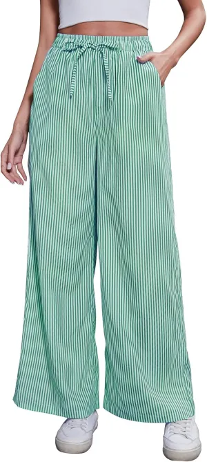 Women's Striped Wide Leg Pants with Pockets High Waist Drawstring Loose Trousers Palazzo Pants