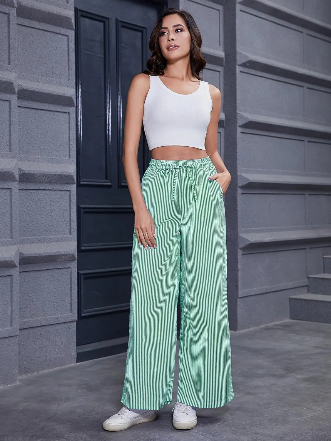 Women's Striped Wide Leg Pants with Pockets High Waist Drawstring Loose Trousers Palazzo Pants