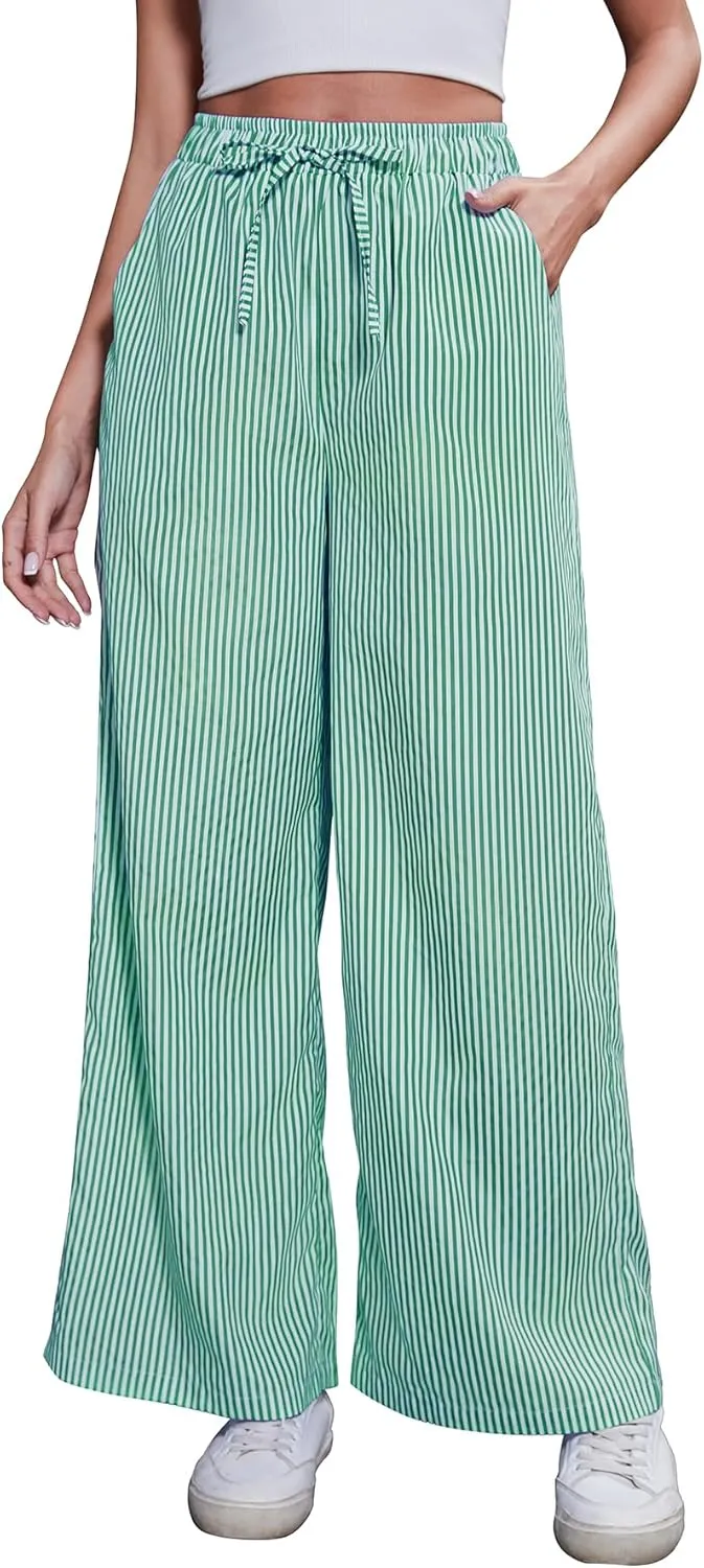 Women's Striped Wide Leg Pants with Pockets High Waist Drawstring Loose Trousers Palazzo Pants