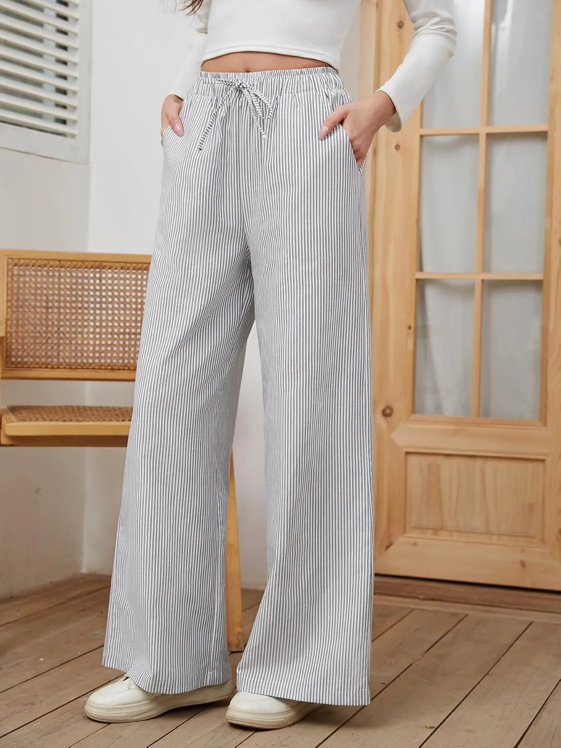 Women's Striped Wide Leg Pants with Pockets High Waist Drawstring Loose Trousers Palazzo Pants