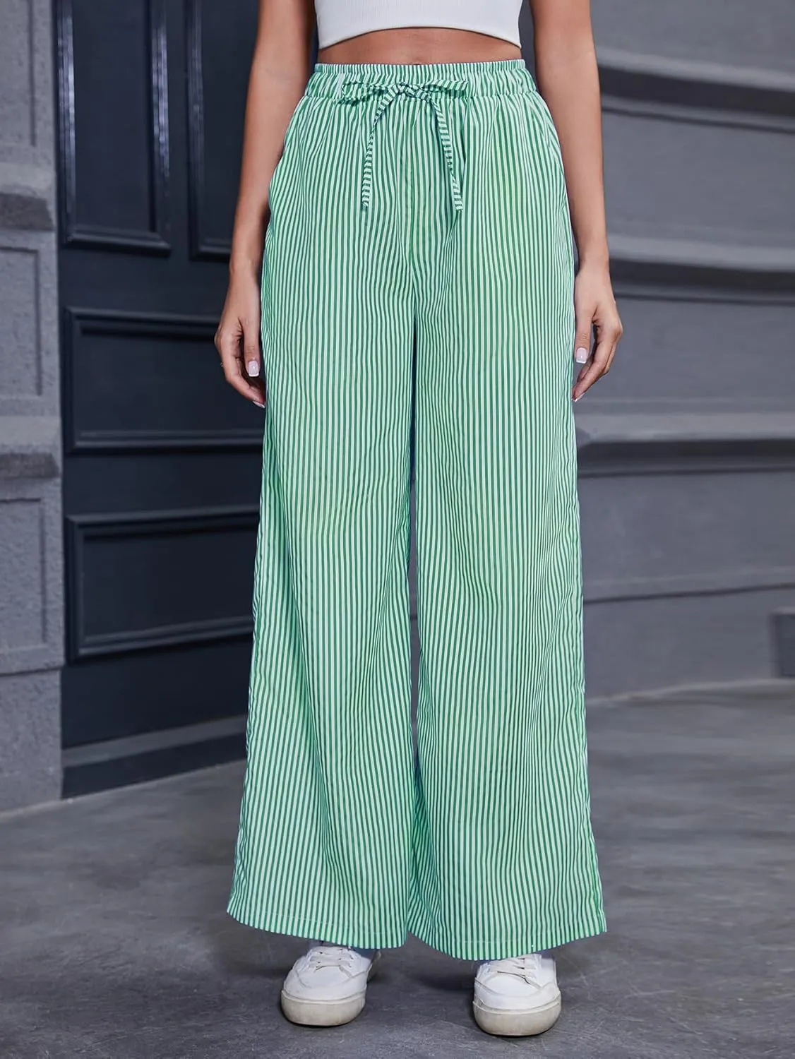 Women's Striped Wide Leg Pants with Pockets High Waist Drawstring Loose Trousers Palazzo Pants