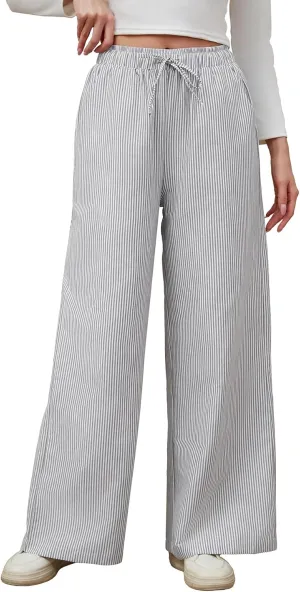 Women's Striped Wide Leg Pants with Pockets High Waist Drawstring Loose Trousers Palazzo Pants
