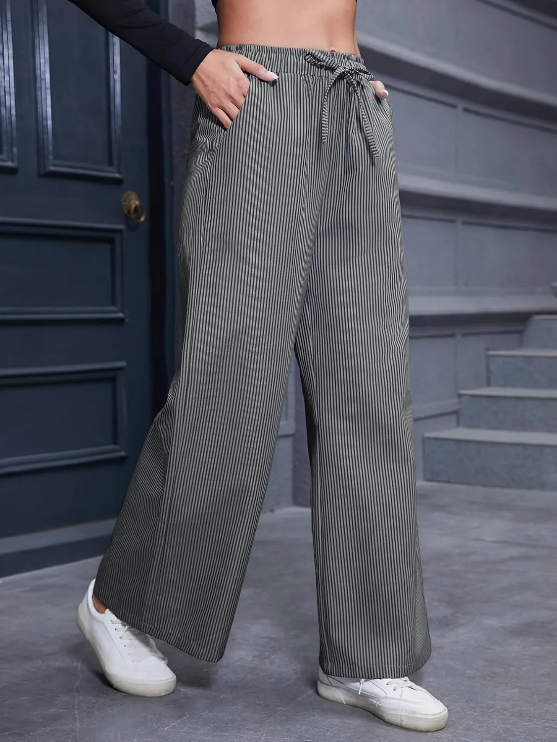 Women's Striped Wide Leg Pants with Pockets High Waist Drawstring Loose Trousers Palazzo Pants