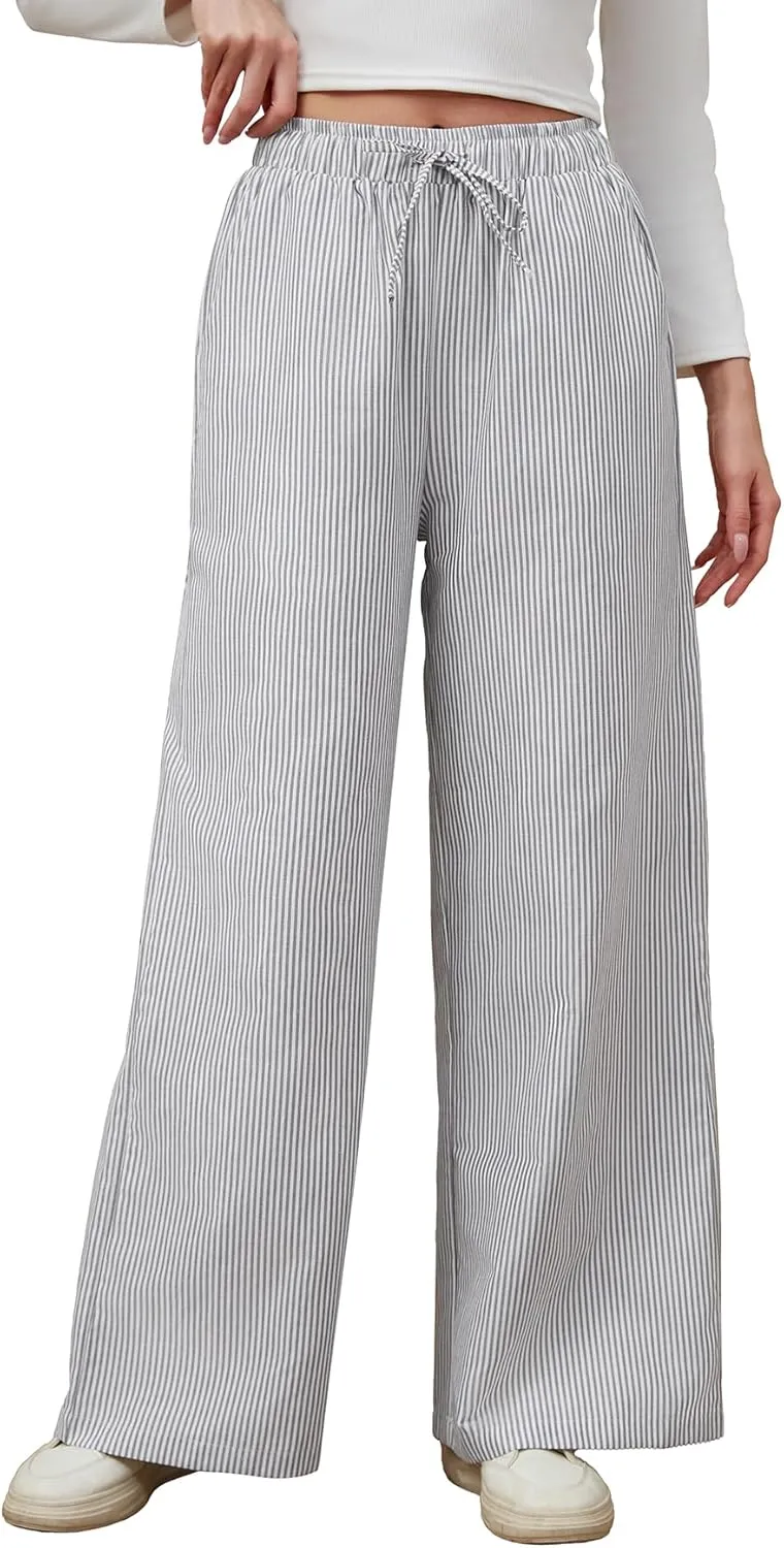 Women's Striped Wide Leg Pants with Pockets High Waist Drawstring Loose Trousers Palazzo Pants