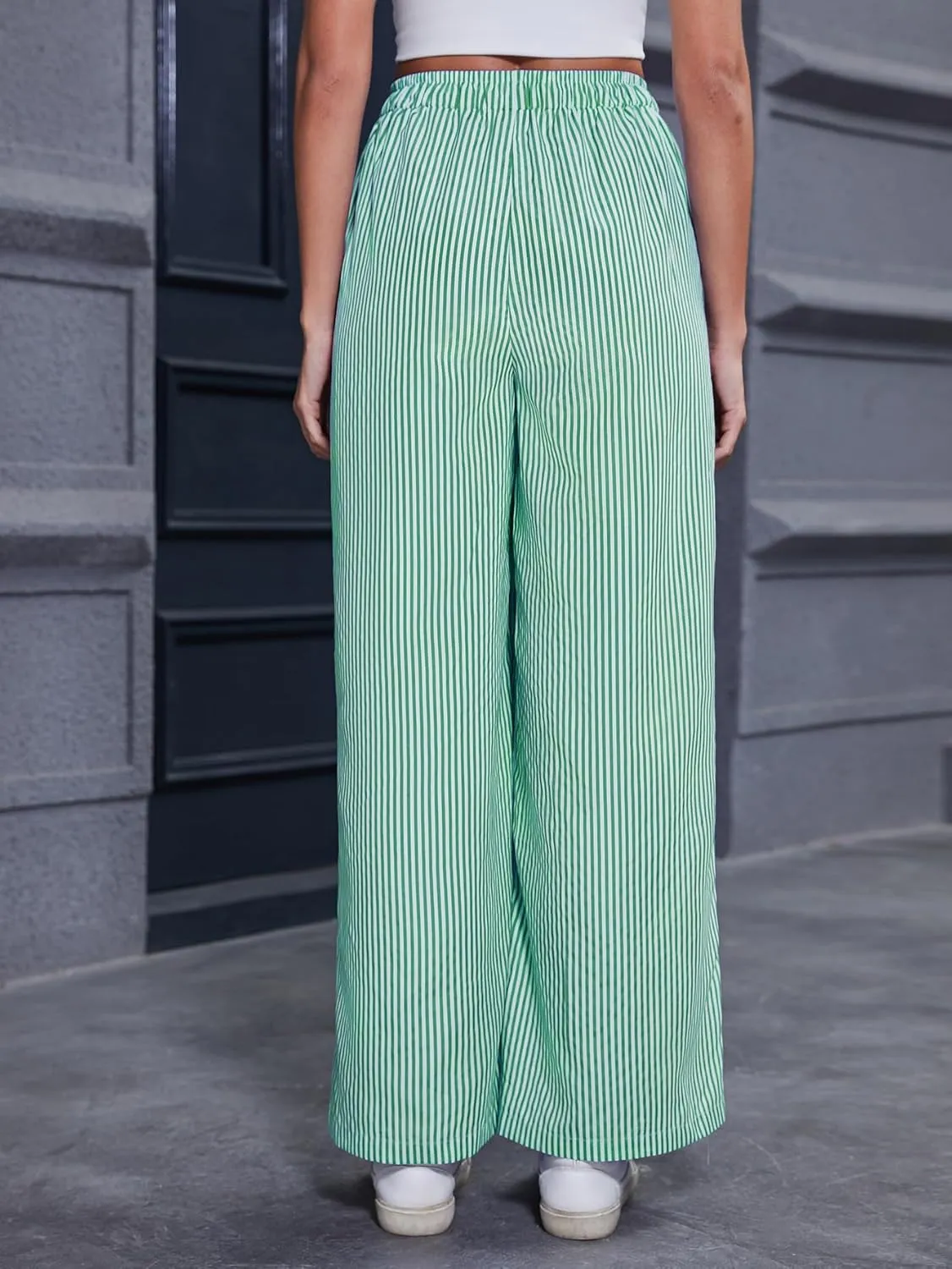 Women's Striped Wide Leg Pants with Pockets High Waist Drawstring Loose Trousers Palazzo Pants