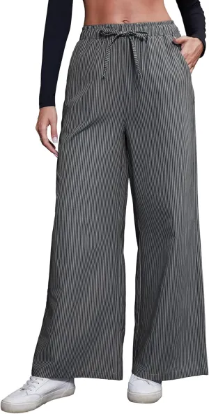 Women's Striped Wide Leg Pants with Pockets High Waist Drawstring Loose Trousers Palazzo Pants