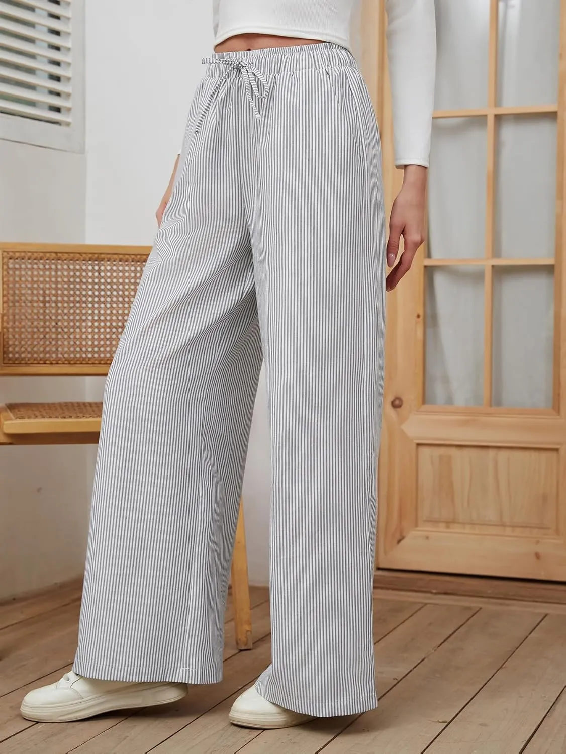 Women's Striped Wide Leg Pants with Pockets High Waist Drawstring Loose Trousers Palazzo Pants