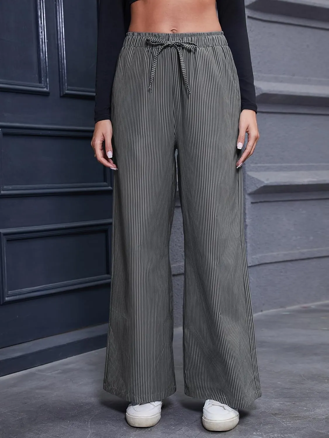 Women's Striped Wide Leg Pants with Pockets High Waist Drawstring Loose Trousers Palazzo Pants