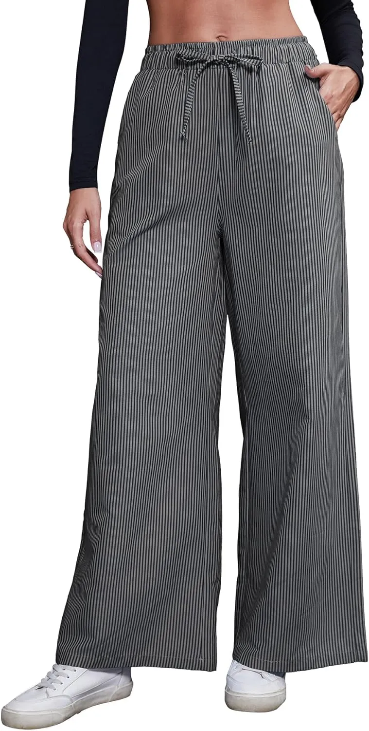 Women's Striped Wide Leg Pants with Pockets High Waist Drawstring Loose Trousers Palazzo Pants