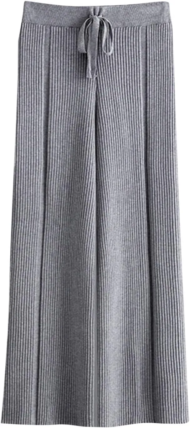 Women's Summer Autumn Trousers Solid Color Wide Leg Pants Ribbed Knitted Casual Pant High Waist Drape Loose Trouser