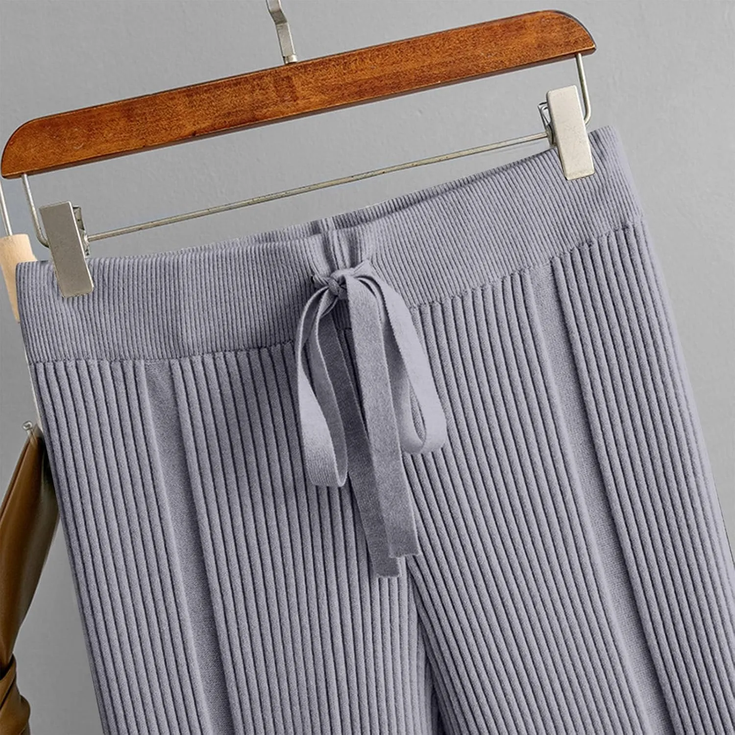 Women's Summer Autumn Trousers Solid Color Wide Leg Pants Ribbed Knitted Casual Pant High Waist Drape Loose Trouser