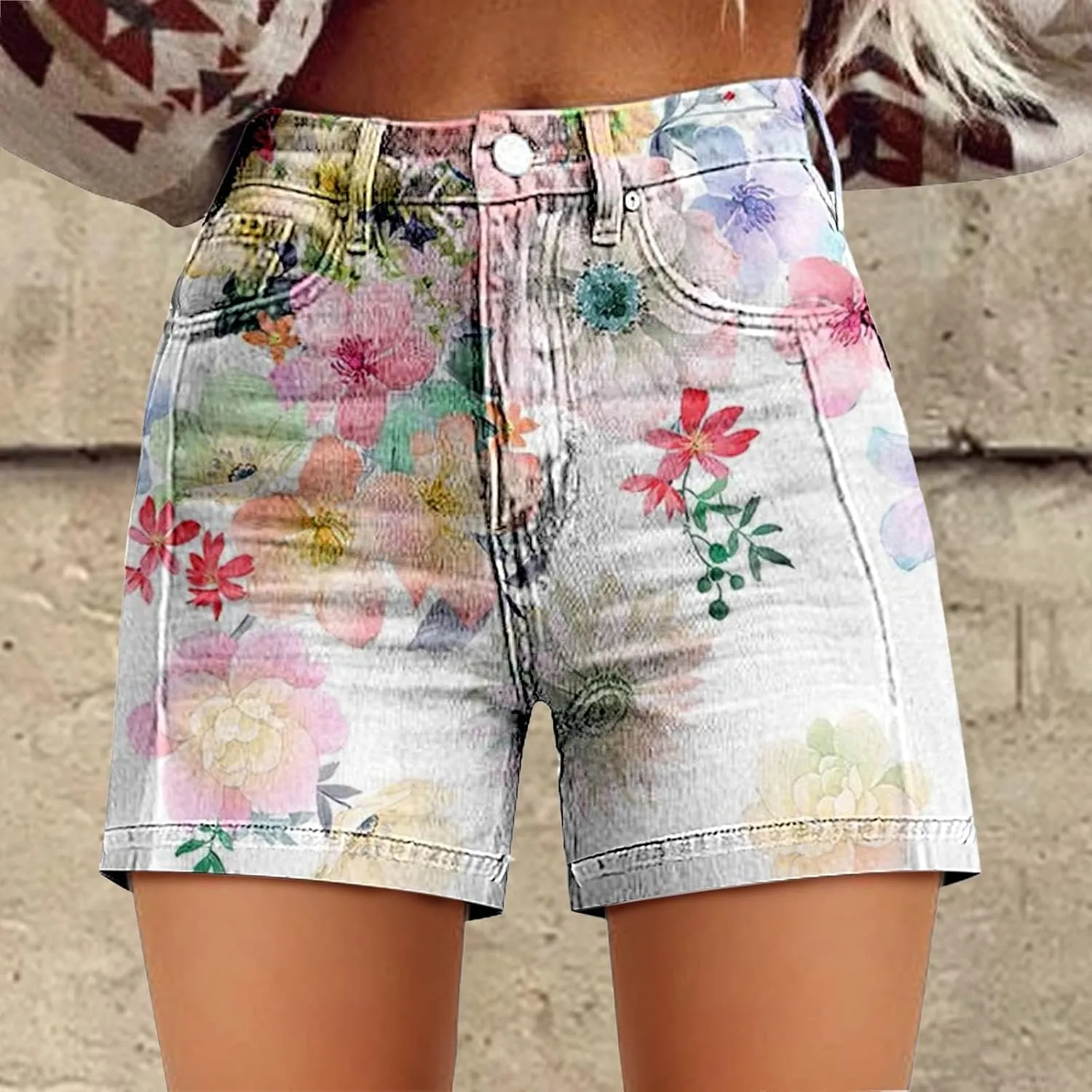 Womens Summer Casual High Waist Denim Shorts Fit Art Retro Printed Floral Athletic Distressed Sweatpants with Pockets