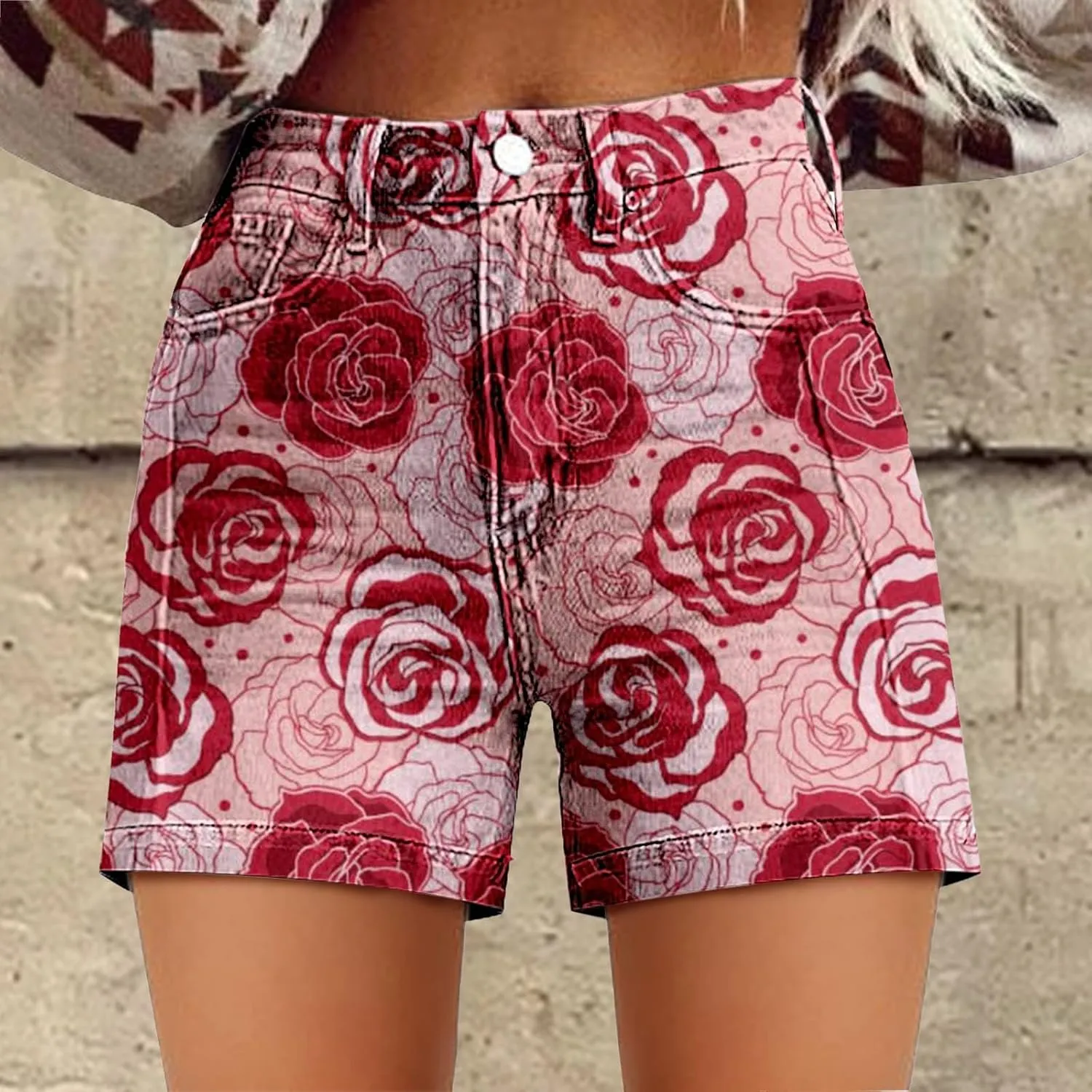 Womens Summer Casual High Waist Denim Shorts Fit Art Retro Printed Floral Athletic Distressed Sweatpants with Pockets
