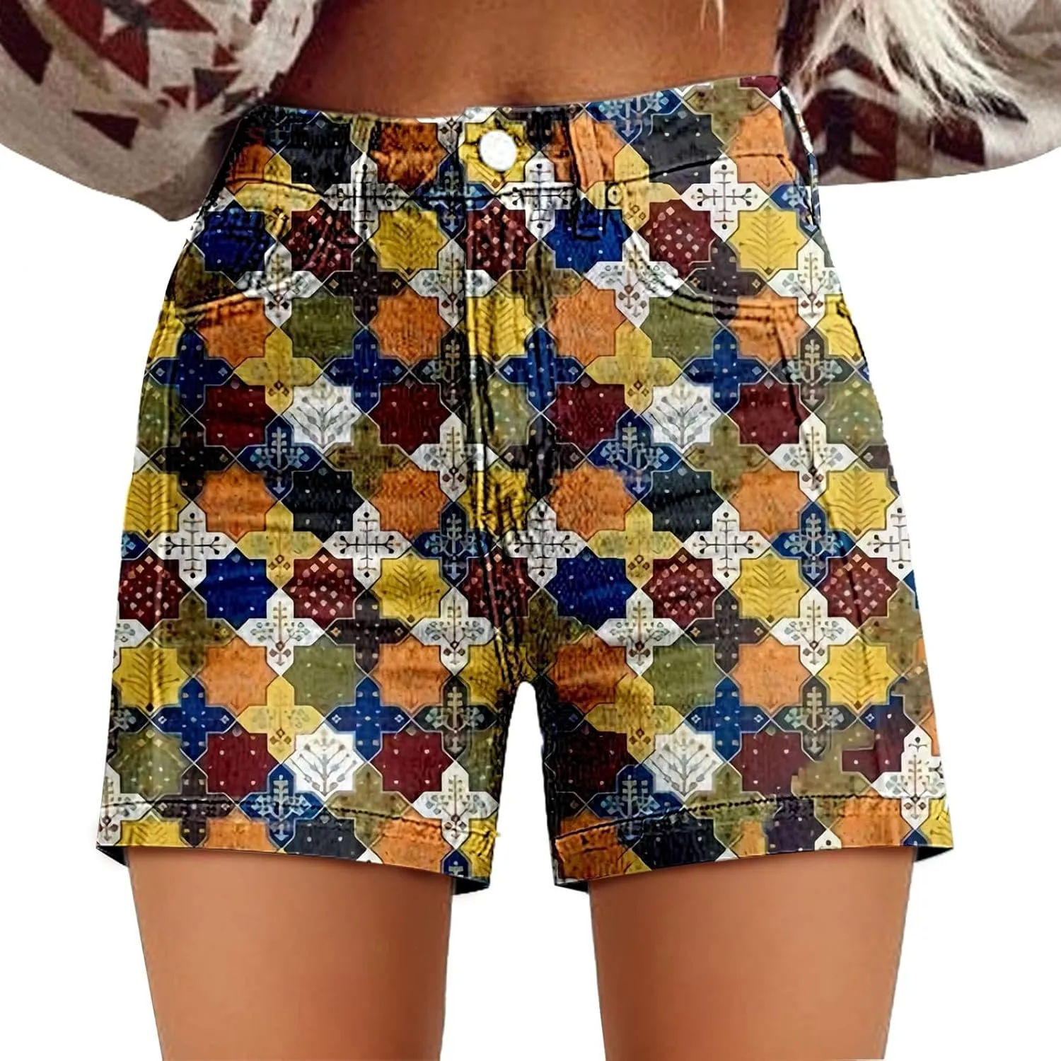 Womens Summer Casual High Waist Denim Shorts Fit Art Retro Printed Floral Athletic Distressed Sweatpants with Pockets