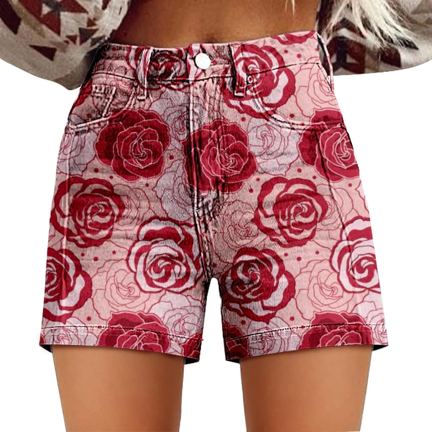 Womens Summer Casual High Waist Denim Shorts Fit Art Retro Printed Floral Athletic Distressed Sweatpants with Pockets