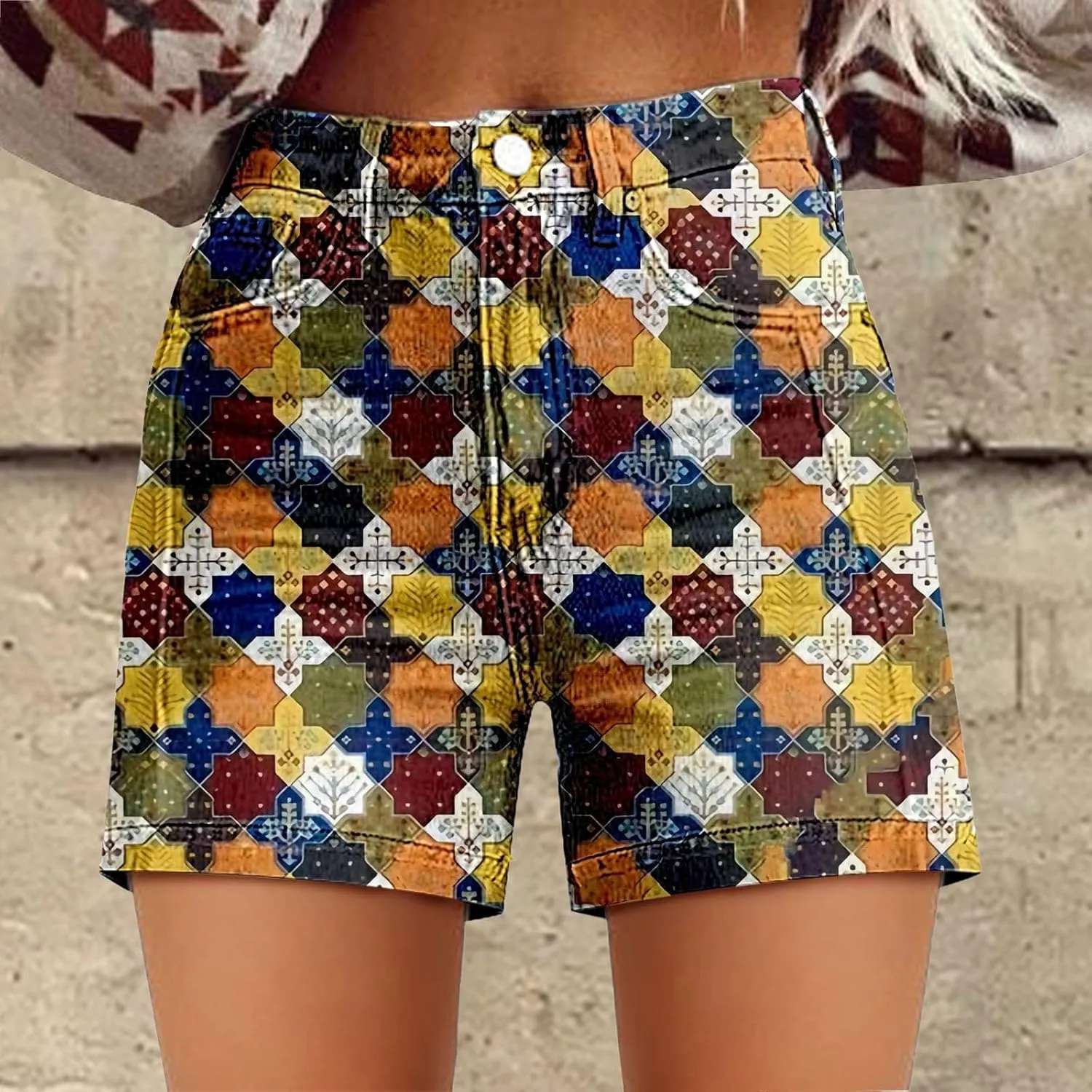 Womens Summer Casual High Waist Denim Shorts Fit Art Retro Printed Floral Athletic Distressed Sweatpants with Pockets
